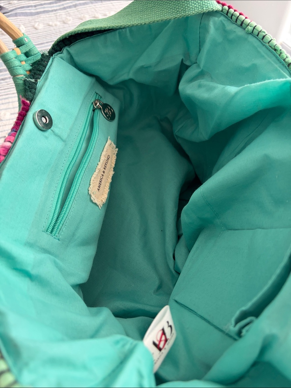 Multicolor Woven Tote Bag with Turquoise Handles and Tassel - Picture 4 of 4